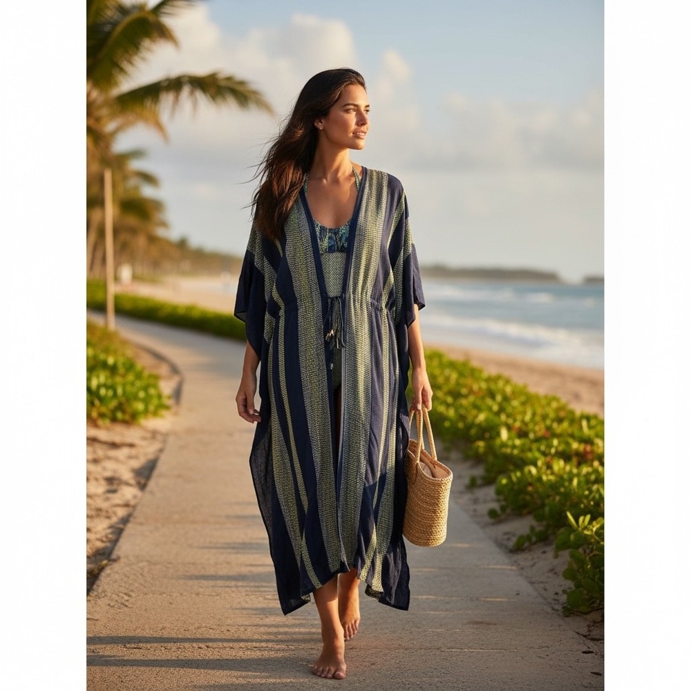 Free People Emerald Coast Blue Striped Kaftan Kimono Drawstring Tassel One Size - Picture 10 of 16